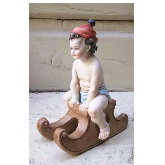 Vintage Capodimonte Porcelain Bisque Figurine Boy on Sledge by Tiche Tosca Italy - Picture 1 of 8